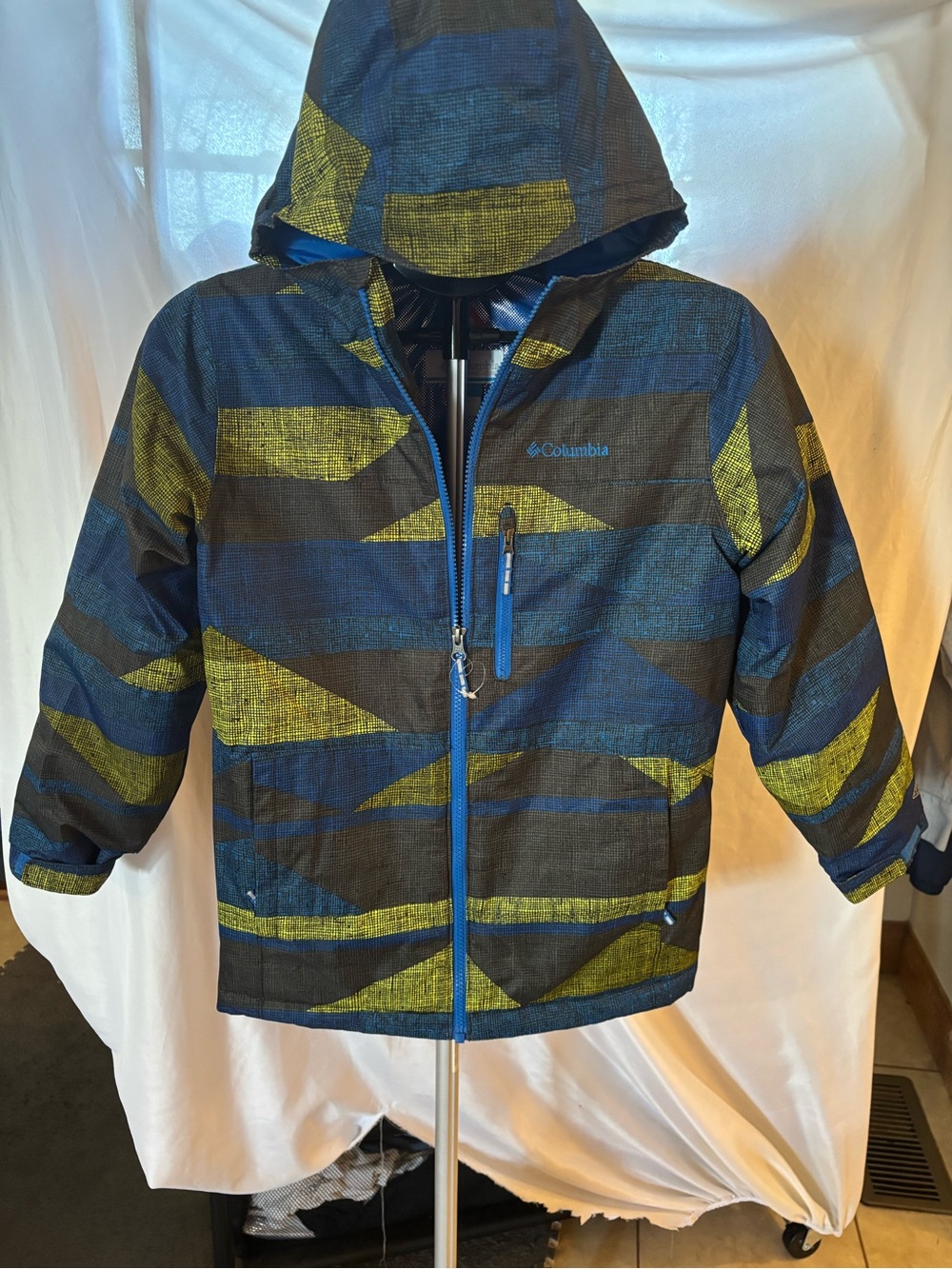 Columbia Kids Blue and Green Patterned Hooded Puffer Jacket